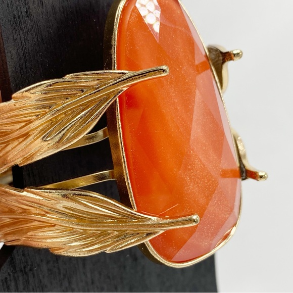 Vintage Gold Leaf Clamper Cuff Bracelet Orange Sparkle Stone - Picture 5 of 7